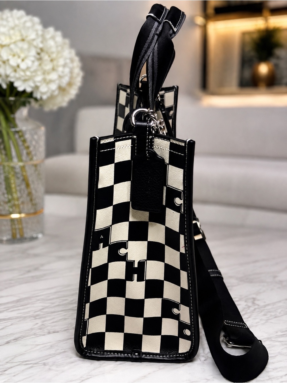 Coach Black & White Checker Tote with Pink Cherry Charm NWOT retail $528.00 - Picture 4 of 9